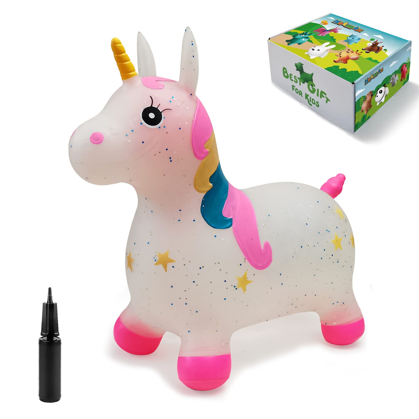 Hotmax Transparent Glittery Bouncy Horse, Inflatable Bouncing Animal Hopper For Toddlers Or Kids, Ride On Rubber Jumping Toys For Boy Or Girl Birthday Gift (Pink Unicorn)