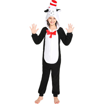 Rabtero Kids Cat In The Hat Costume, Girls Book Character Costume, Boys Dr Seuss Costume, Children Animal Onesie Novelty One-Piece Pajamas, Halloween Christmas Cosplay Costume For Kids 6-8