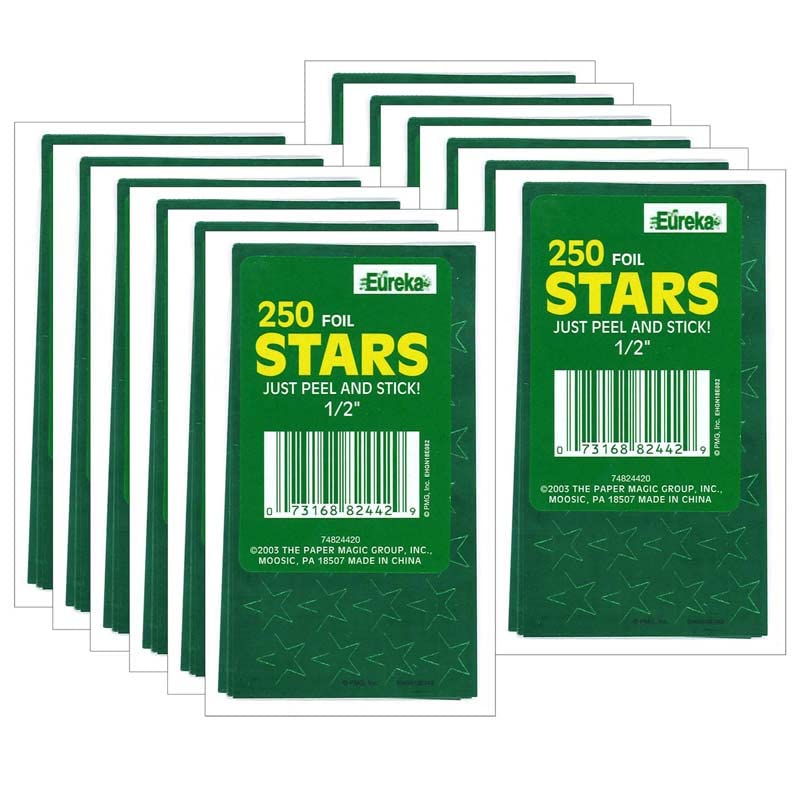Presto-Stick Foil Star Stickers, 1/2, Green, 250 Per Pack, 12 Packs