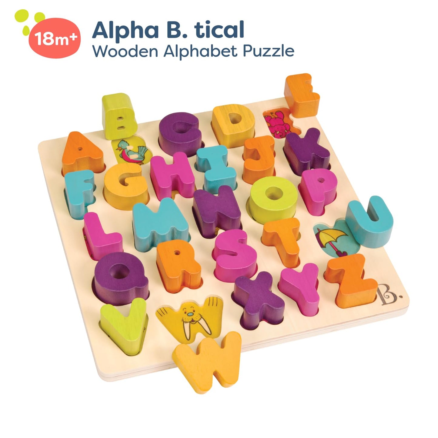 B. Toys- Alpha B. Tical– Wooden Alphabet Puzzle – 26 Letter Pieces – Chunky Wooden Puzzle – Educational Toys For Toddlers, Kids – 18 Months +