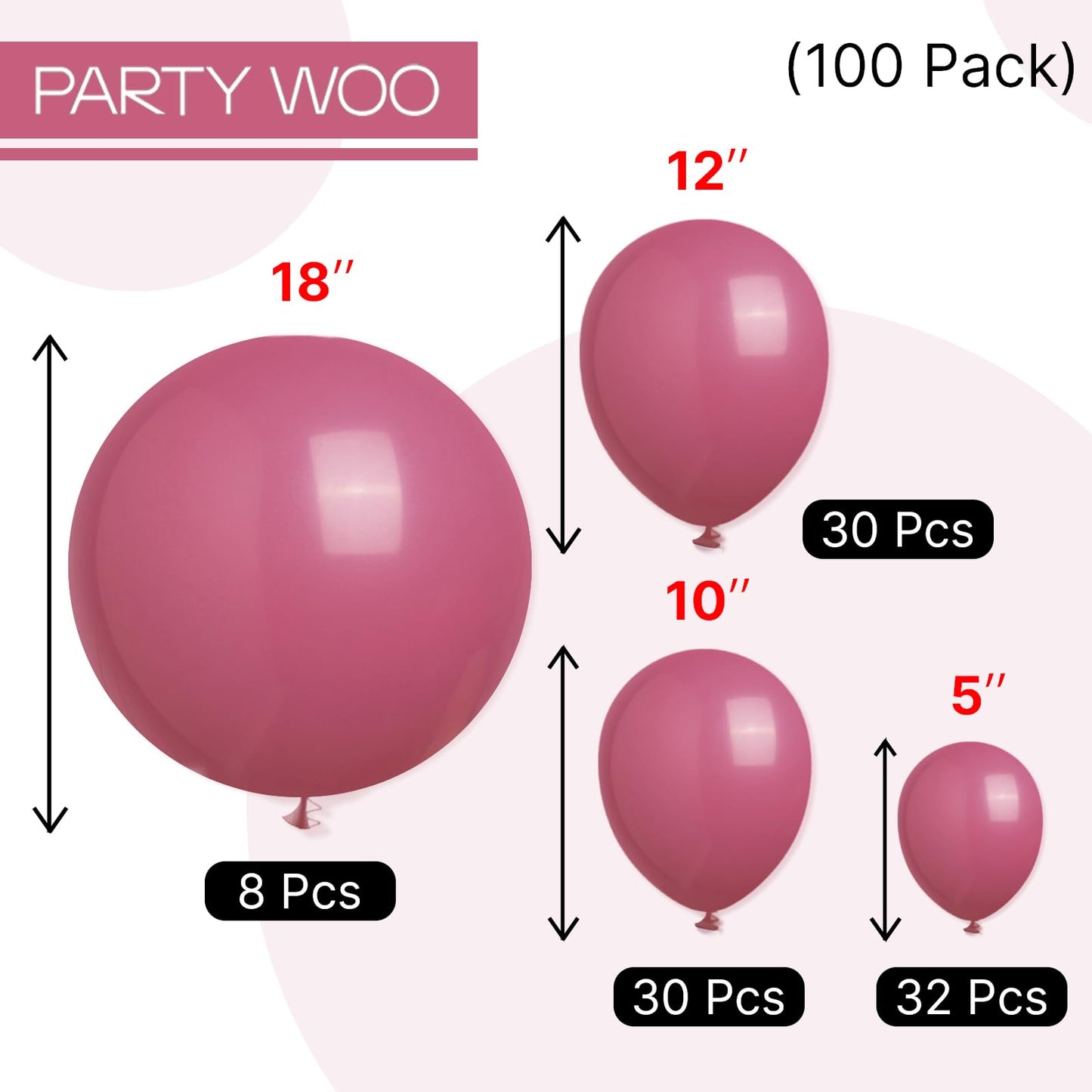 Partywoo Opera Mauve Balloons, 100 Pcs Boho Pink Balloons Different Sizes Pack Of 18 Inch 12 Inch 10 Inch 5 Inch Mauve Pink Balloons For Balloon Garland Or Balloon Arch As Party Decorations, Pink-F02