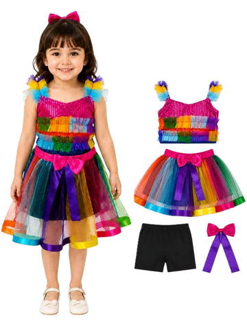 BookMyCostume Girls Rainbow Sequin Dress for Girls | Elastic Fit Bodice and Layered Net Skirt with Black Shorts & Matching Hair 