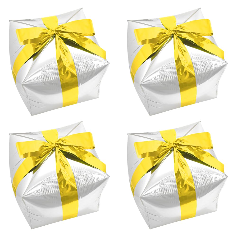 Deermon 4 Pack Silver Christmas Square Cube Shape Gift Box Party Balloon With Gold Ribbon, Aluminum Mylar Present Xmas Decoratio