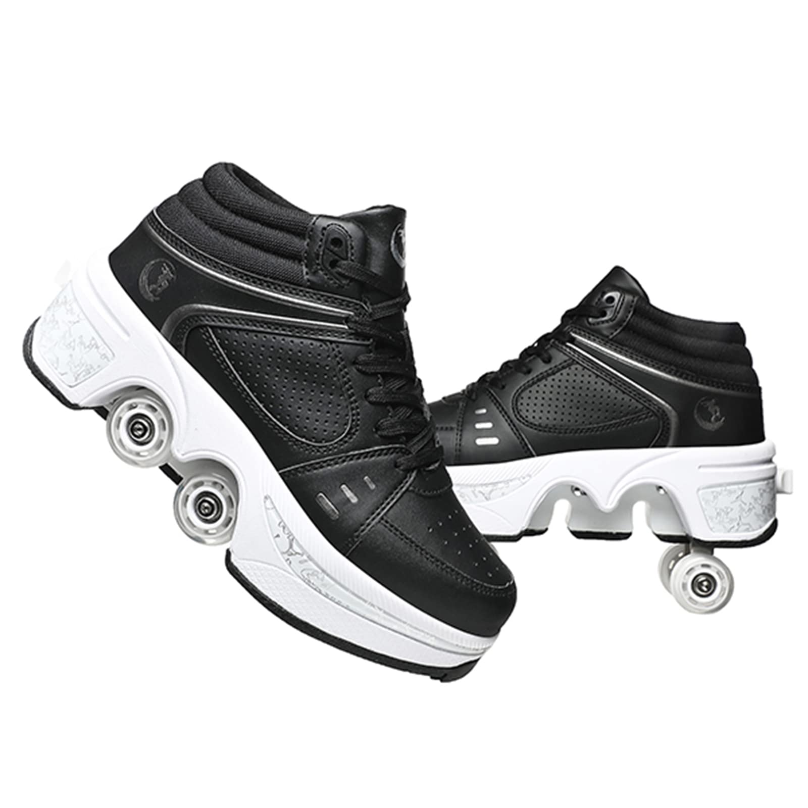Double-Row Deform Wheel Automatic Walking Shoes Invisible Deformation Roller Skate 2 in 1 Removable Pulley Skates Skating Parkour (Black high  US 7)