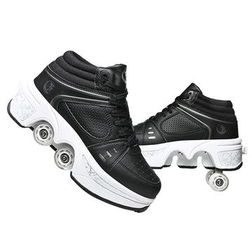 Double-Row Deform Wheel Automatic Walking Shoes Invisible Deformation Roller Skate 2 in 1 Removable Pulley Skates Skating Parkour (Black high  US 7)