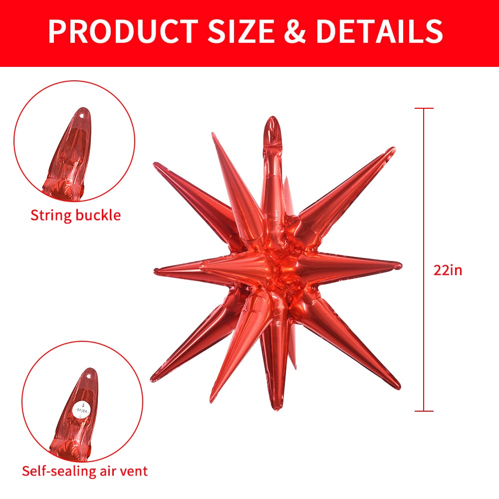 Toniful 4 Pcs 22Inch 4D Huge Red Star Balloons Explosion Star Mylar Foil Balloons For Party Supplies Backdrop Christmas,New Year