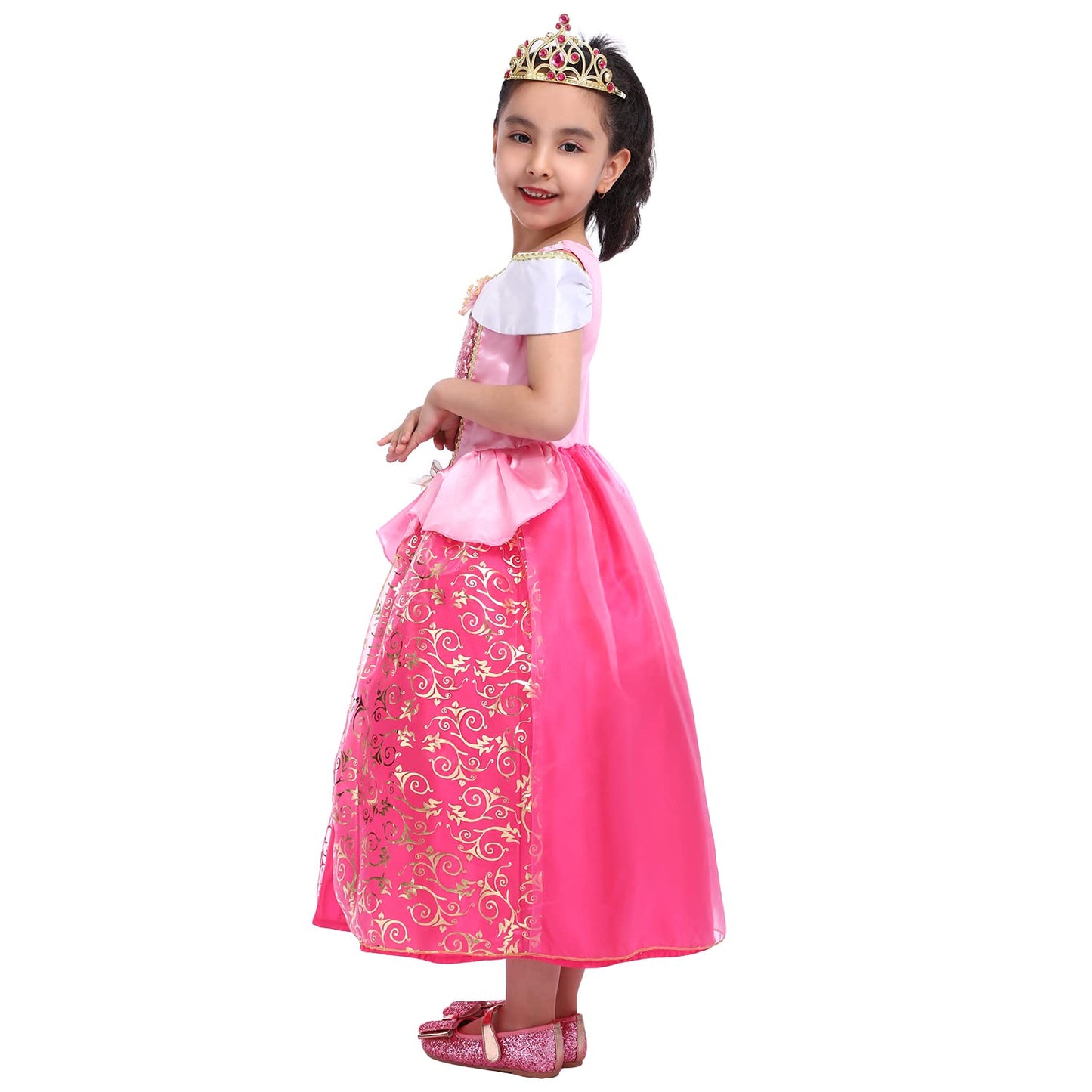 Spunicos Girls Aurora Sleeping Beauty Princess Dress With Tiara,Pink Princess Fancy Dress 5-6Years