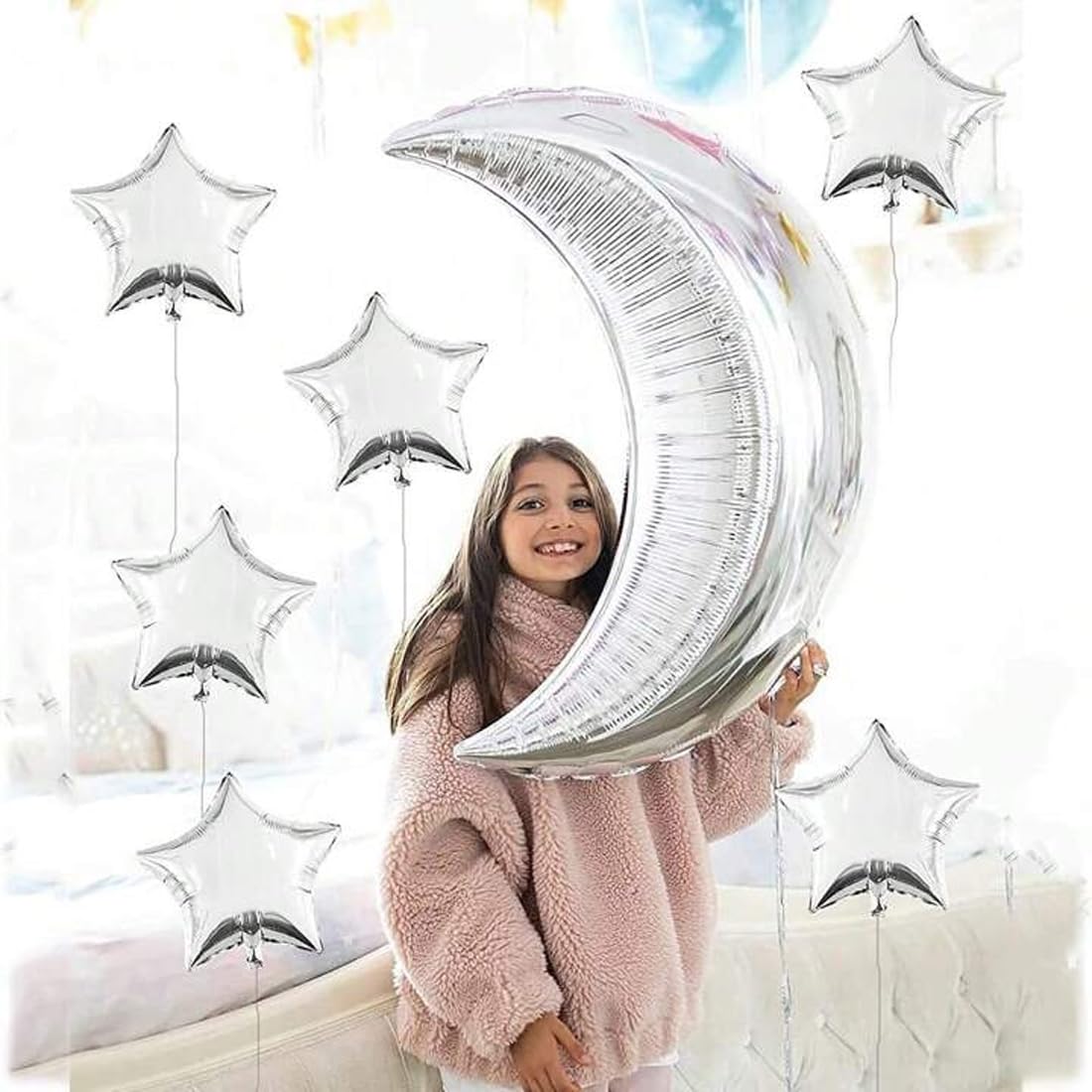 SOI Moon & Star Foil Balloons Combo (Silver), Large (FoilStarMoon)