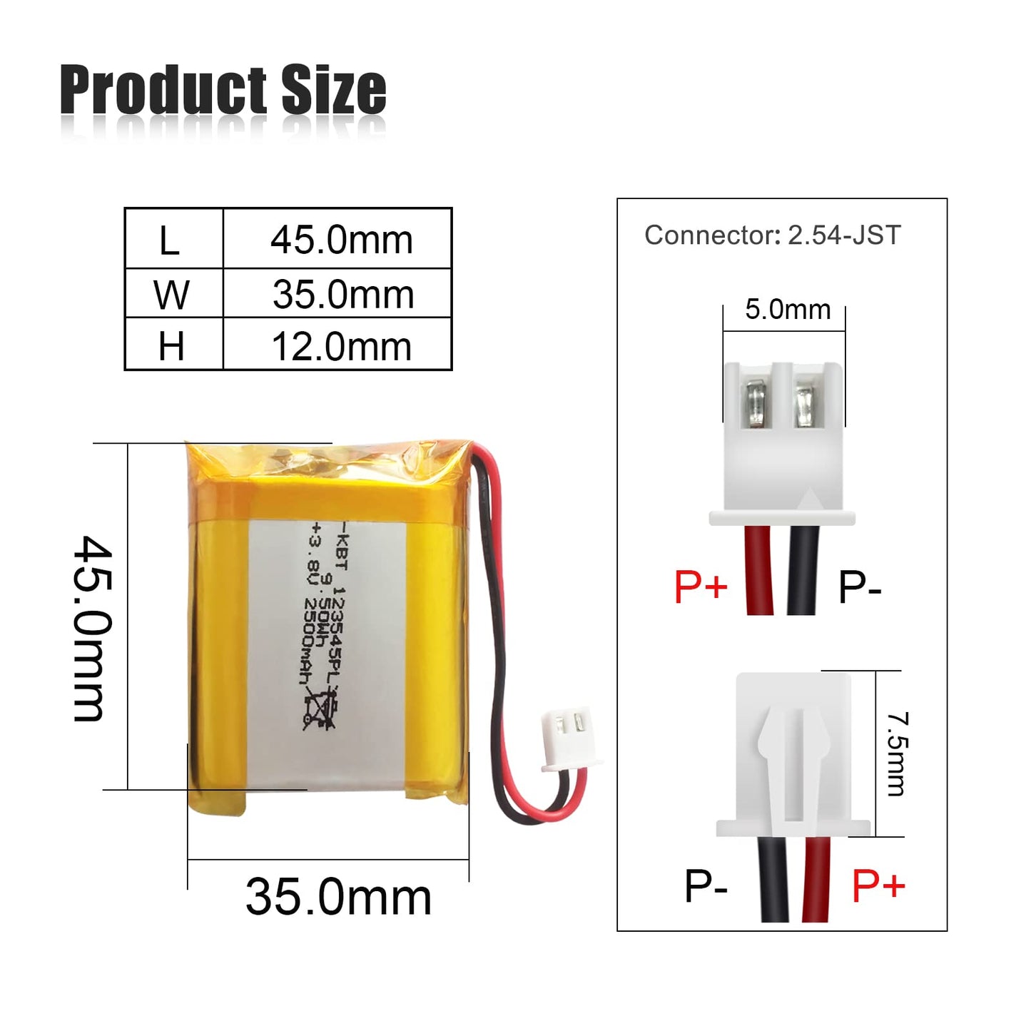 KBT 3.8V 2500mAh Li-Polymer Battery: 123545 Lipo Rechargeable Lithium-ion Replacement Batteries with JST Connector for Ar duino