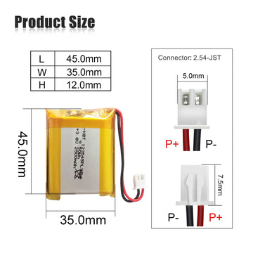 KBT 3.8V 2500mAh Li-Polymer Battery: 123545 Lipo Rechargeable Lithium-ion Replacement Batteries with JST Connector for Ar duino