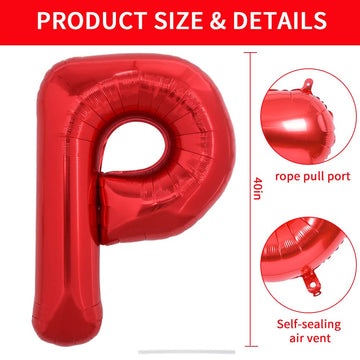 Toniful 40 Inch Large Bright Red Letter Balloons A-Z, Giant Jumbo Helium Foil Mylar Big Letter P Balloons For Birthday Party Ann