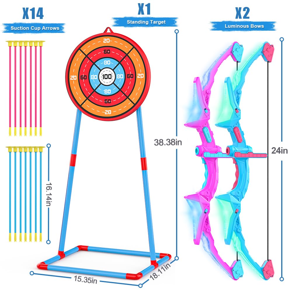 2 Pack Of Kids Bow And Arrow Set, Light Up Archery Toy Set With 14 Suction Cup Arrows & Standing Target, Perfect Kids Indoor And