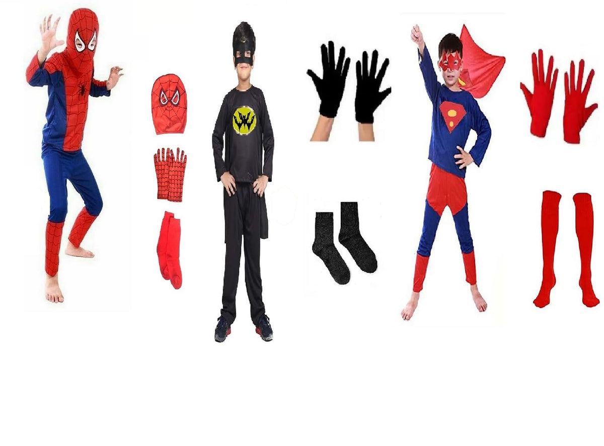Tasmai Marketing Superhero Dress With Socks, Mask And Gloves For Kids 2 To 10 Years (68 Years, SpiderboySuperBatboy Triset)