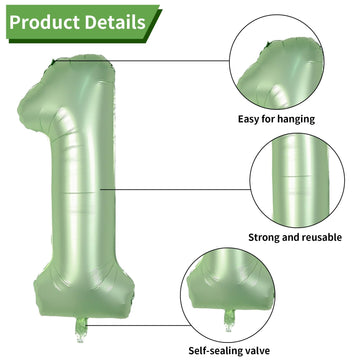 40 Inch Sage Green Number 1 Balloon, Olive Green 1St Birthday Balloons, Retro Sand White Avocado Green Gold Latex Balloons 1 Foi