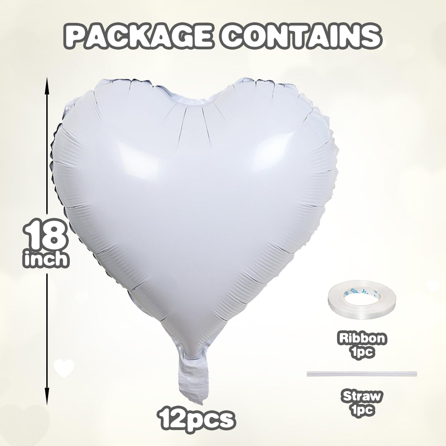 12 Pcs Heart Balloons, 18 inch White Heart Shaped Balloons, Big Heart Mylar Helium Balloons, Heart Love Foil Balloons for Weddin