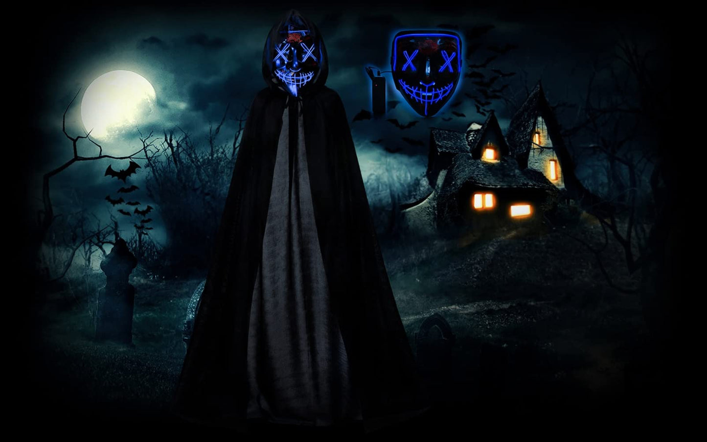Kids Full Length Hooded Velvet Cloak Halloween Cape Costumes With Blue Led Light Up Scary Mask (47'/120Cm)