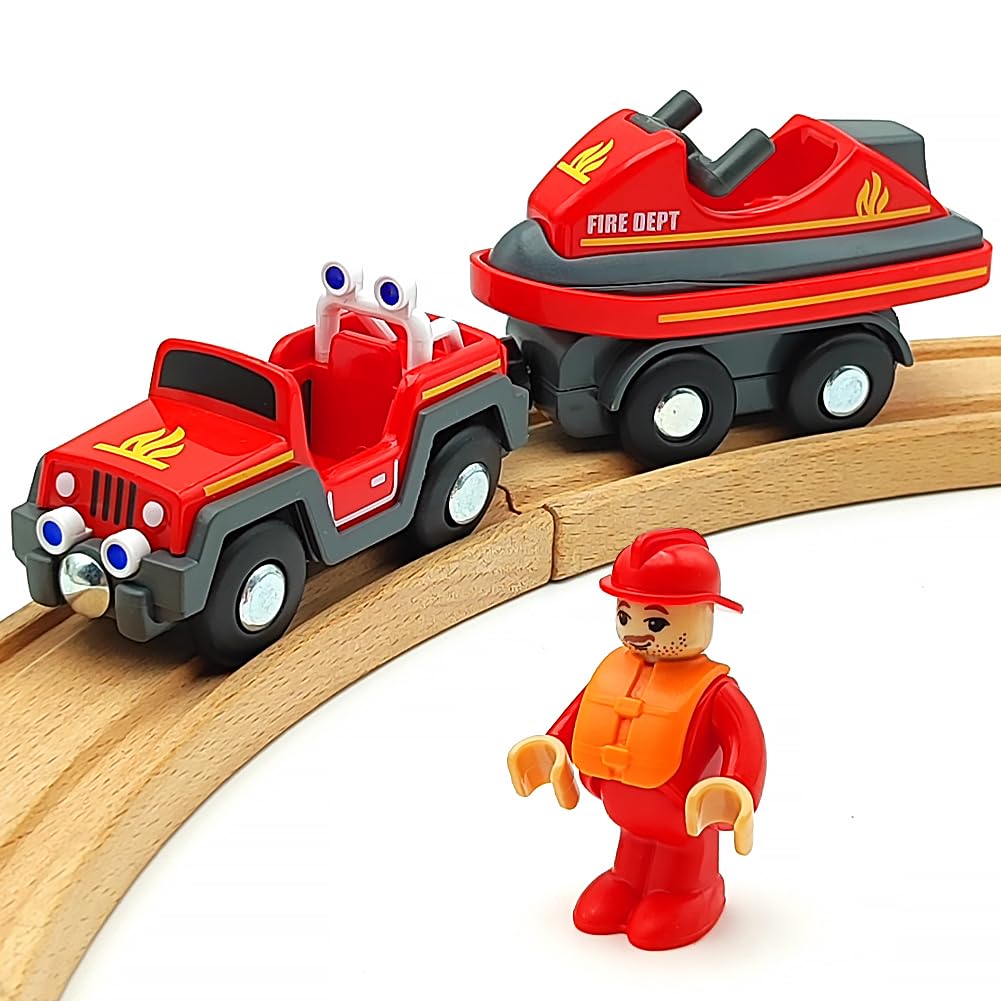 Dshmixia Wooden Train Cars Track Accessories Set Rescue Fire Truck With Light And Sound Small Vehicles Magnetic Train Cars Fit For Wooden Train Track Railway For Boys And Girls (Fireboat)