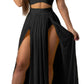 Women Sexy 2 Piece Outfits Dress Chiffon Strap Deep V Neck Bra Crop Top High Split Maxi Dresses Skirt Set Swimwear Cover Ups Bla