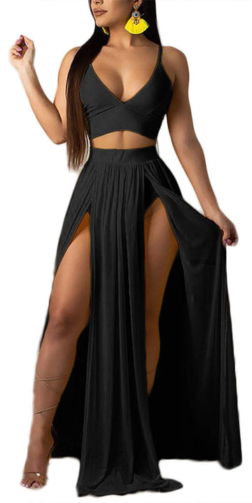 Women Sexy 2 Piece Outfits Dress Chiffon Strap Deep V Neck Bra Crop Top High Split Maxi Dresses Skirt Set Swimwear Cover Ups Bla