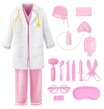 ReliBeauty Doctor Costume for Kids with Accessories Kids Scrubs for Boys Girls Career Day,Pink,150