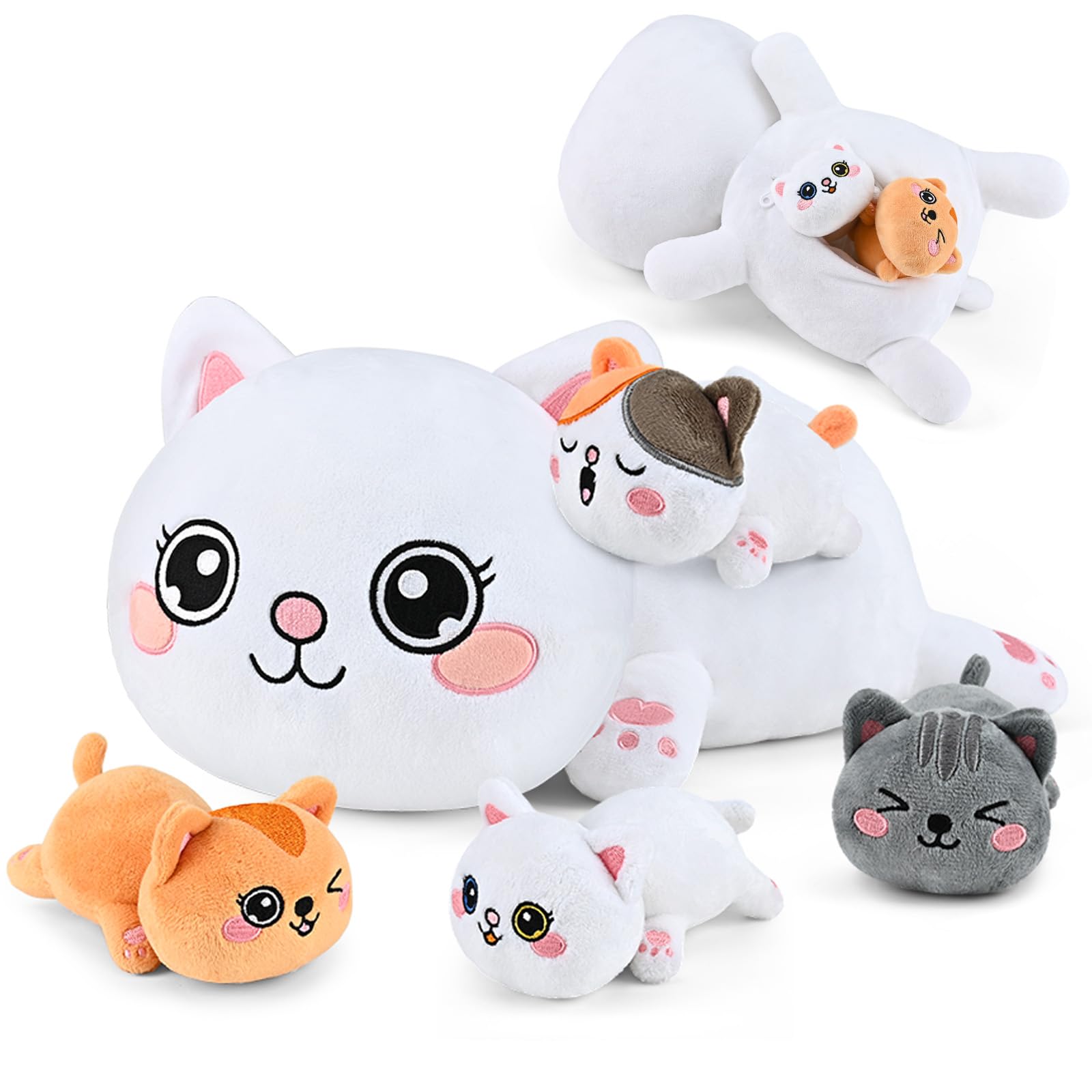 KMUYSL Cat Stuffed Animals Toys for Ages 3 4 5 6 7 8+ Years Old Kids - Mommy Cat with 4 Baby Kitty in Her Tummy, Idea Xmas Birth