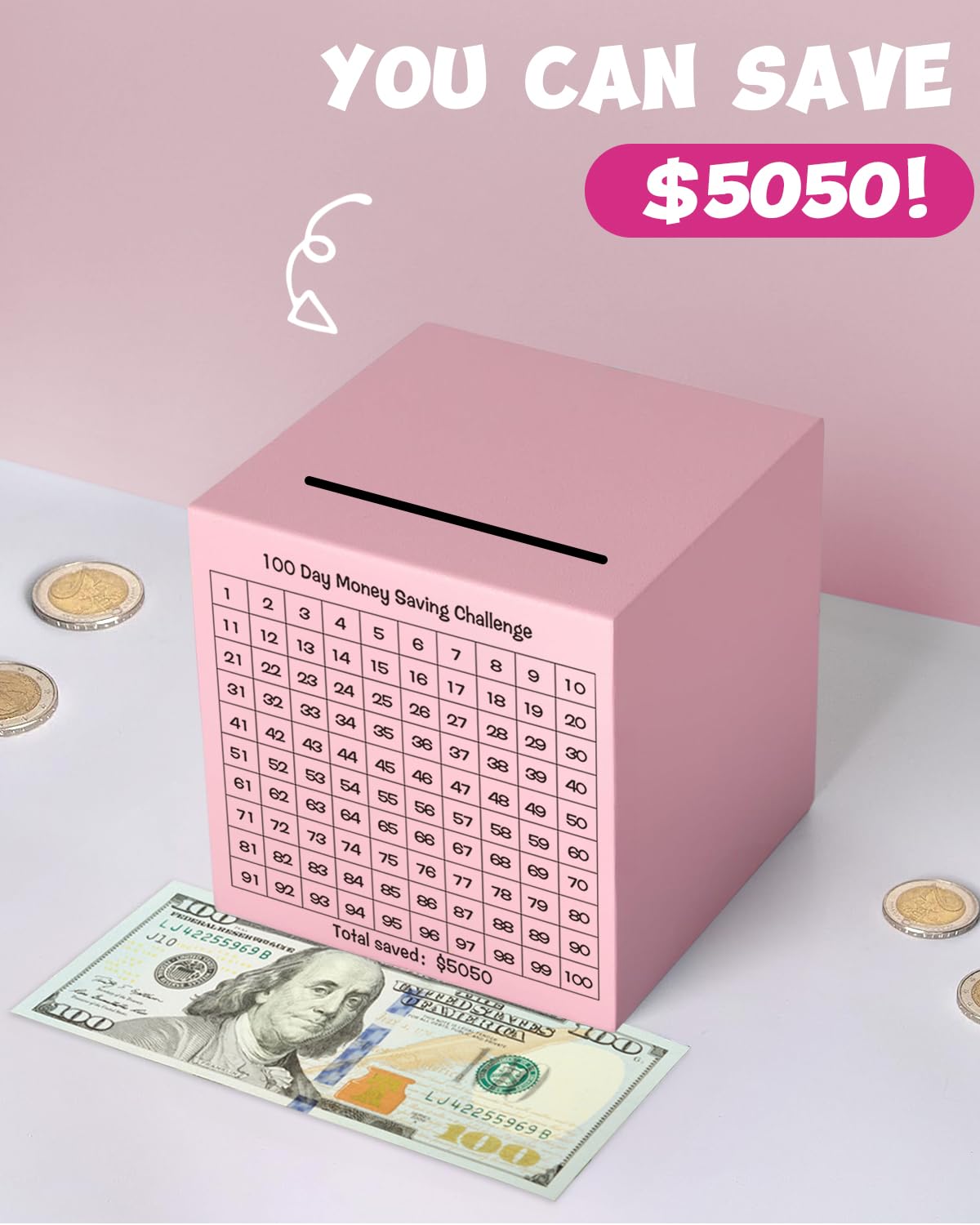 Money Saving Box, Unbreakable Piggy Bank For Adults Save $5,050 Metal Savings Box, 100 Day Money Saving Challenge Stainless Stee
