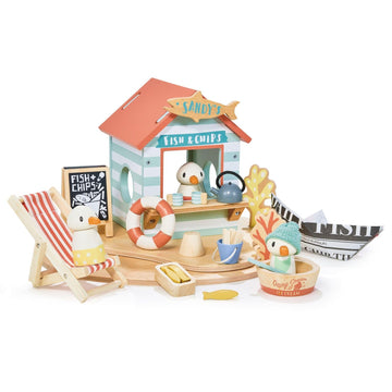Tender Leaf Toys - Sandys Beach Hut - Wooden Toy Seagull Family with Fish and Chips Beach Hut and Accessories - Imaginative Play