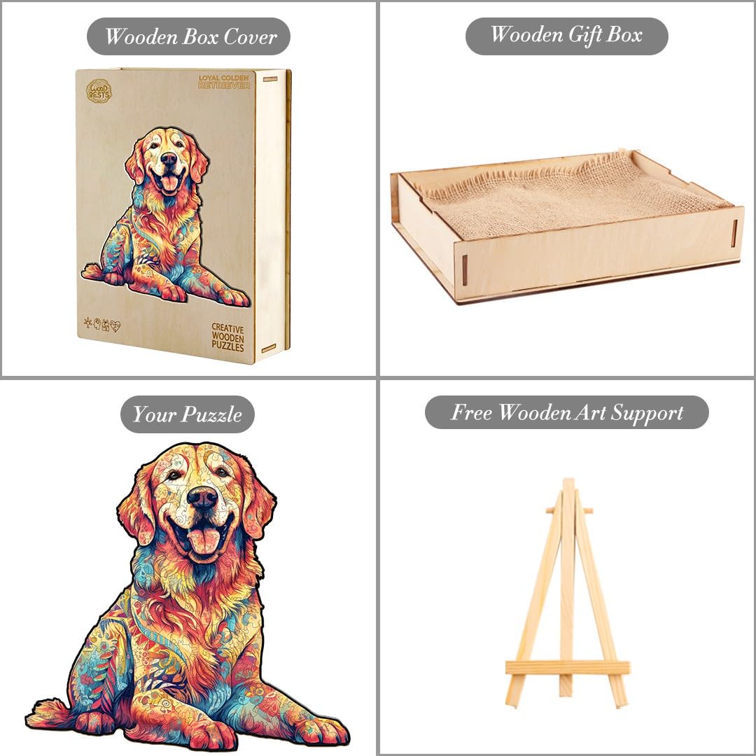 Wooden Jigsaw Puzzle, Loyal Golden Retriever Wooden Puzzle For Adults, Unique Shape Dog Wooden Jigsaw Puzzle, Family Puzzle, Int