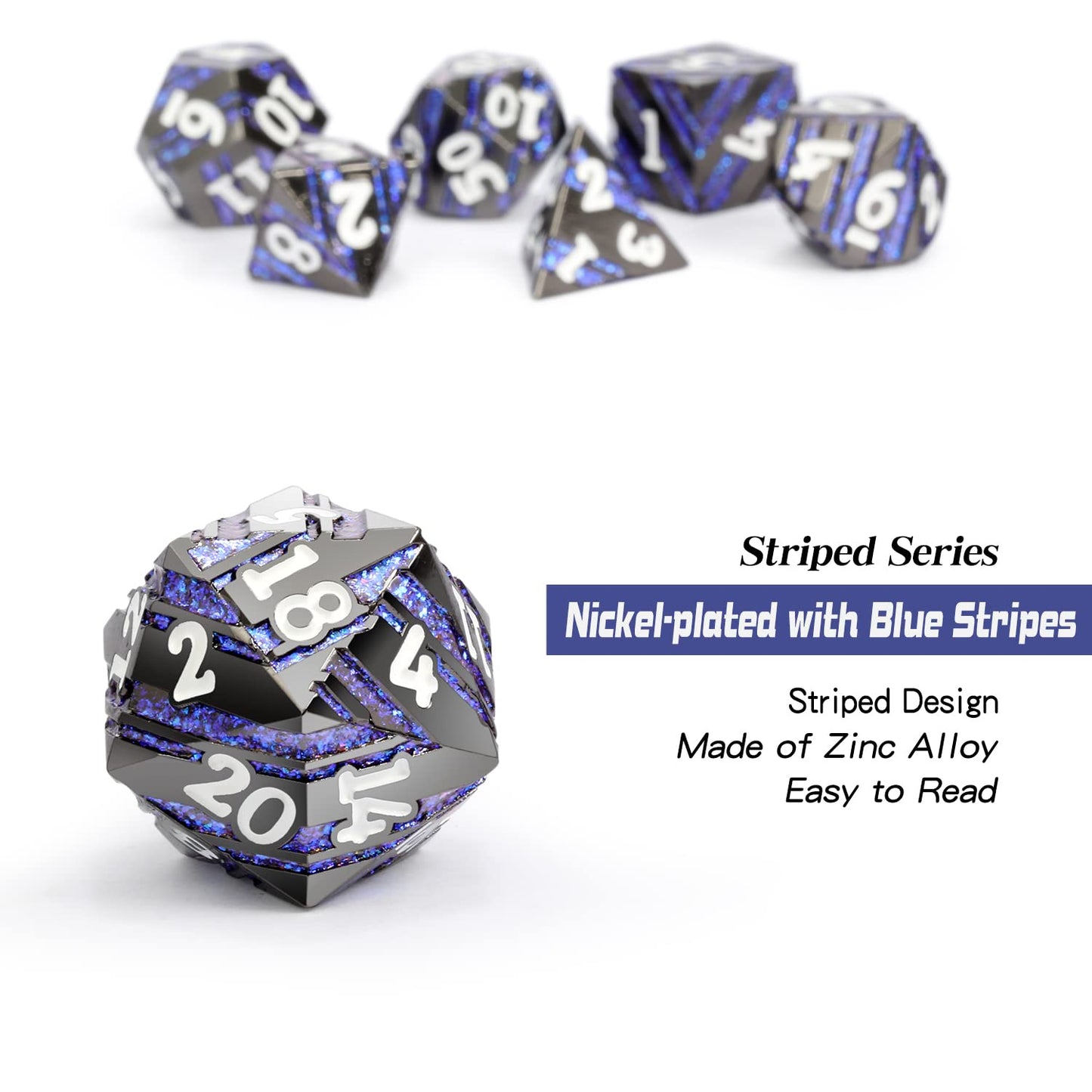 Dice Set D&D,DNDND Metallic Stripes Dice with Gift Case for Dungeons and Dragons DND (Nickel-Plated with Blue Stripes)