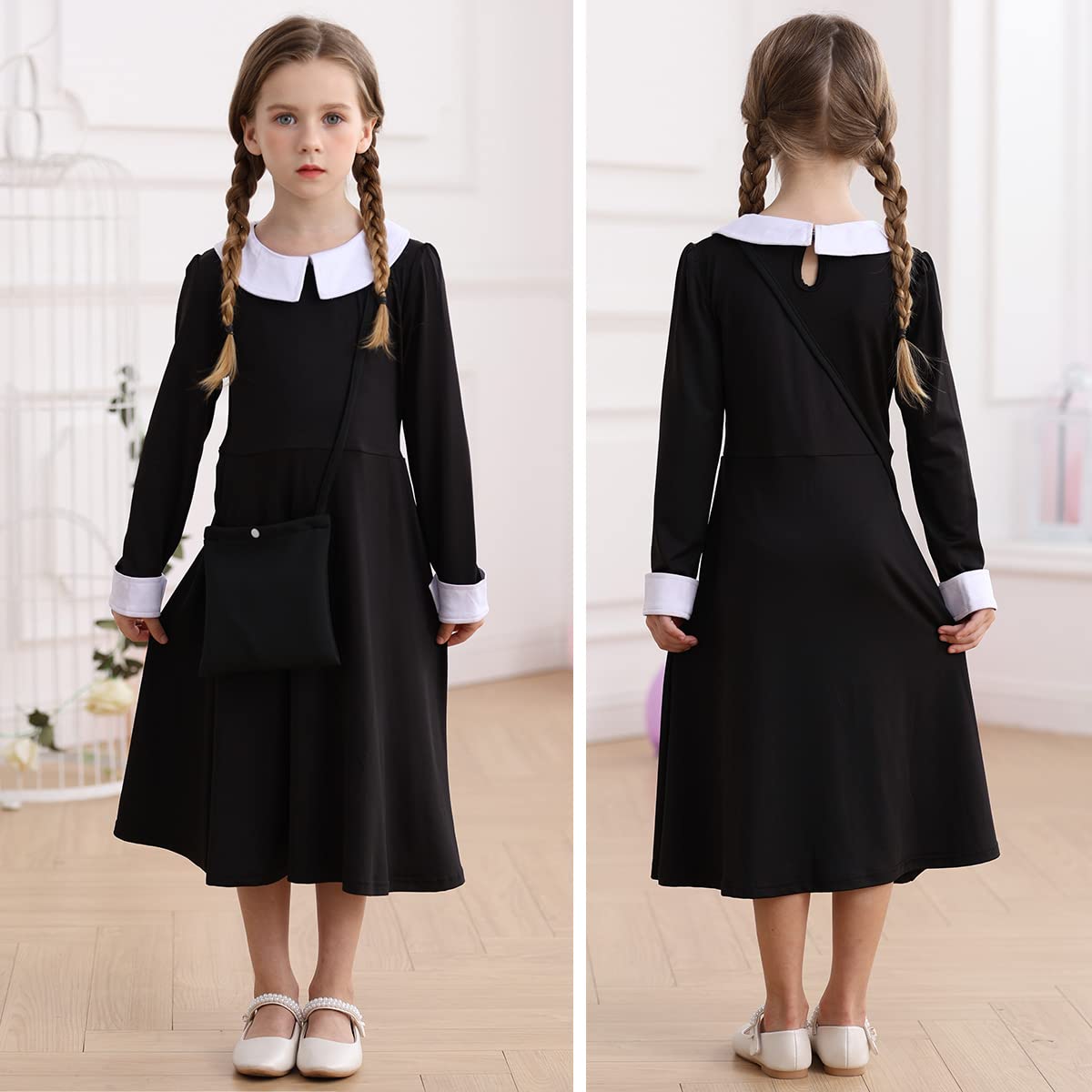 Luzlen Black Costume Girls With Wig Socks Kids Toddler Family Dress Halloween Cosplay Outfits, Black, 7-8Y(Tag 150)