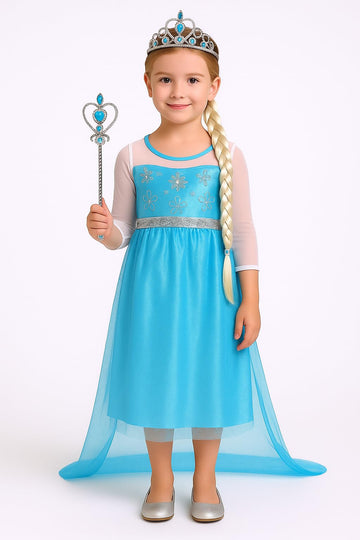 Fancydresswale Crepe Girls Princess Party Dress And Accessories For Special Occasions (3-4 Years, Blue Princess Style-1)