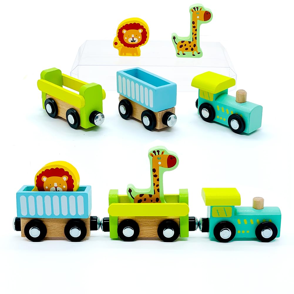 Wooden Trains Cars With Crane Magnetic Train Toys For Wooden Train Tracks Train Sets For Toddlers And Kids Ages 3+ (Zoo Train)
