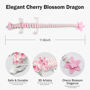 Outgoto 3D Printed Cherry Blossom Dragon - 11.8In Realistic Articulated Dragon Fidget Toy, Desk D  Cor And Collectible (White Pi