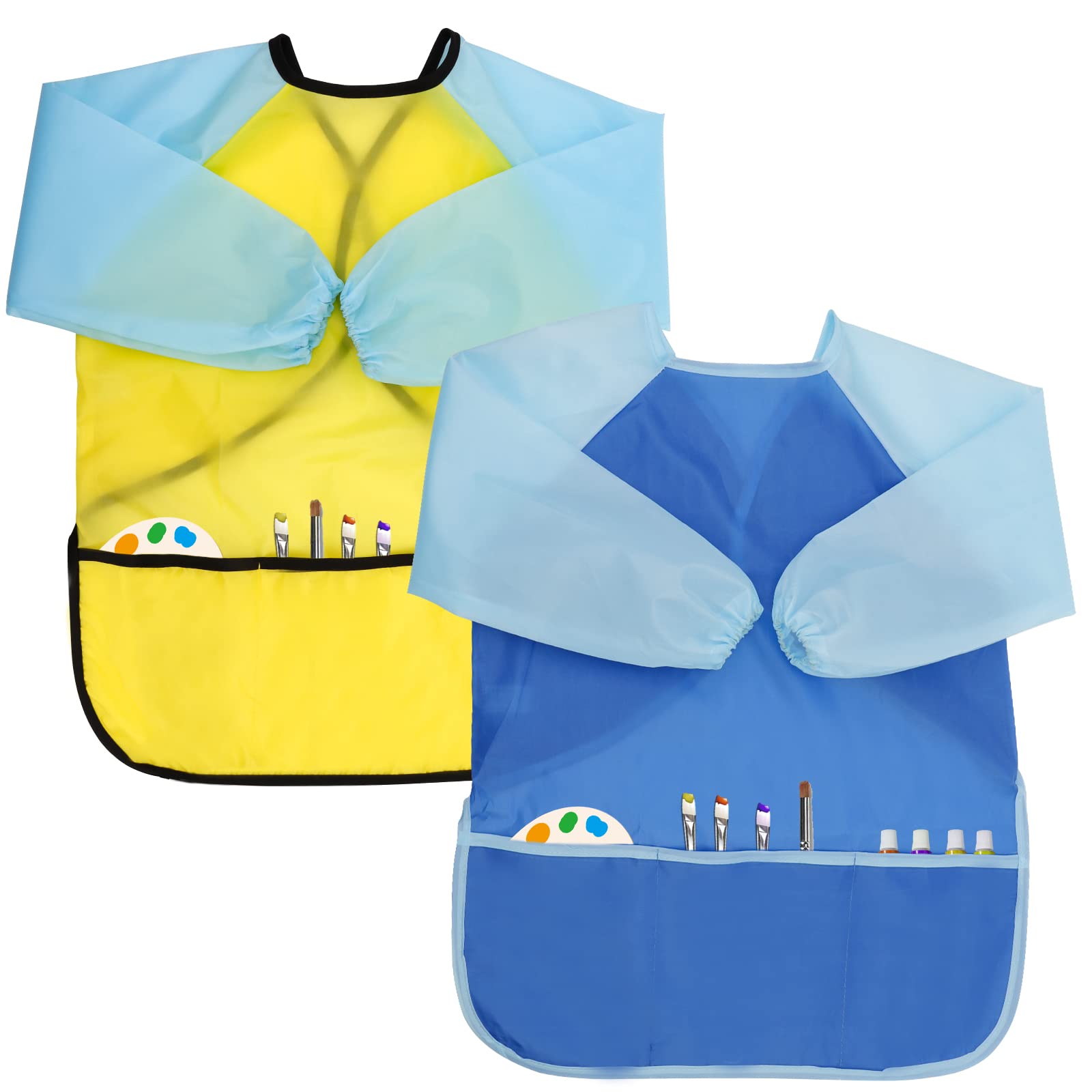 Bahaby 2 Pack Kids Art Smocks Children'S Artist Apron Painting Smock With Long Sleeve And 3 Pockets For Age 3-8