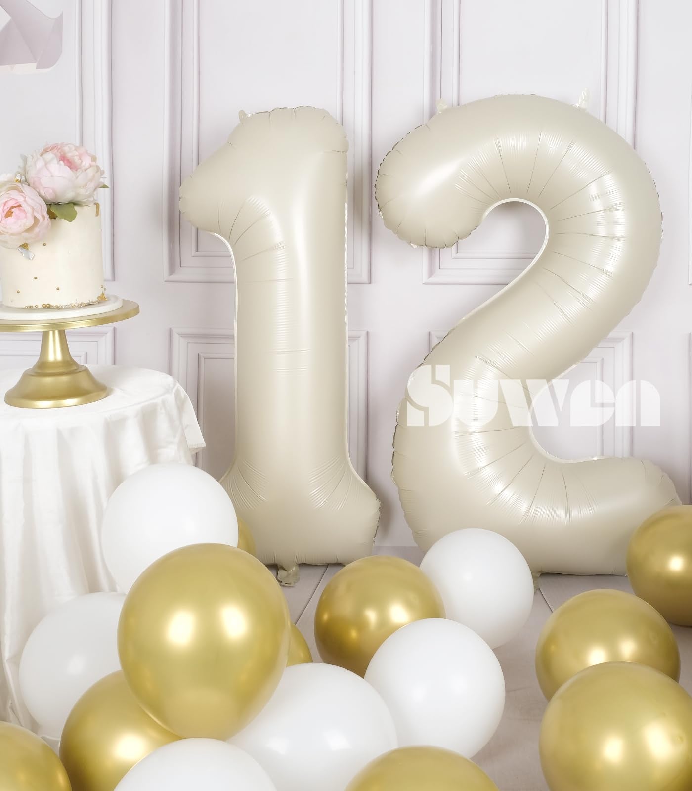Suwen 40 Inch Cream White Large 12 Number Balloons Big Foil Helium Number Balloons 0-9 Jumbo Happy 12Th Mylar Birthday Party Dec