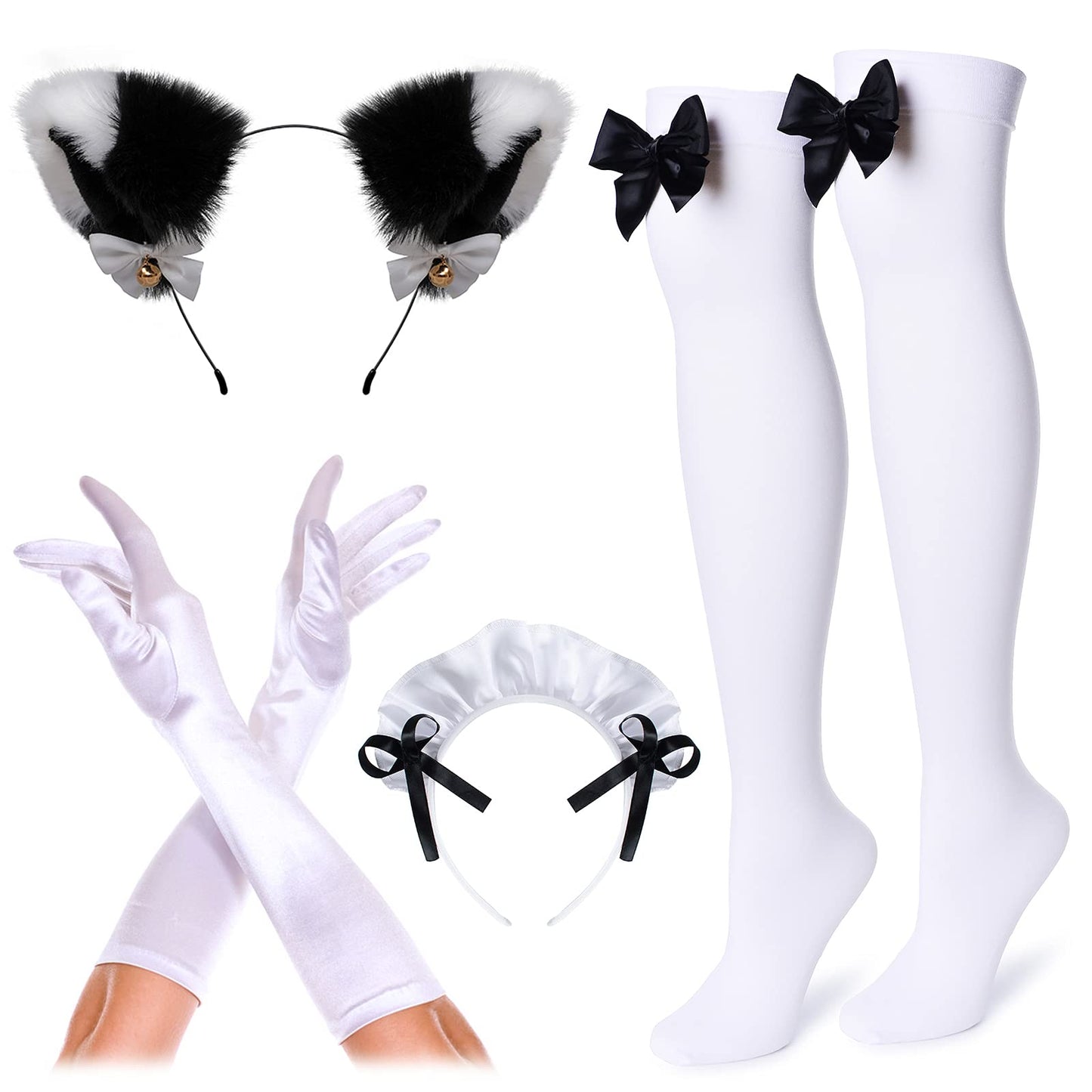 Girl Sweet Kawaii Costume Dress Anime French Maid Cosplay Furry Cat Ear Gloves Socks Set(Black L)