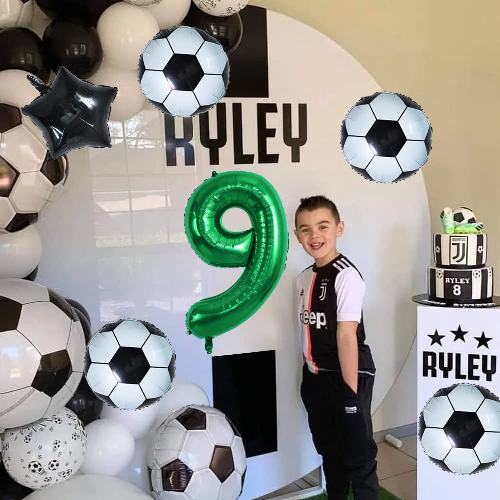 Toniful 32 Inch Soccer Balloons Set 9St Birthday Decoration Green Number 9 Foil Soccer Balloon Black Star Balloons For Children'