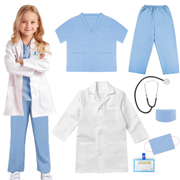 COTATERO Doctor Scrubs Costume for Kids With Stethoscope Lab Coat Career Day Costume Halloween Dress Up For Boys Girls 3-12 (Lig
