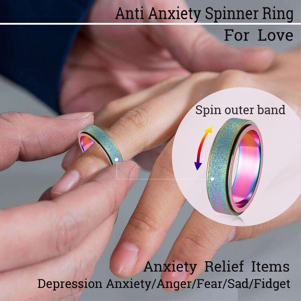 Mhwtty Anxiety Fidget Spinner Ring - Adults Rainbow Stainless Steel