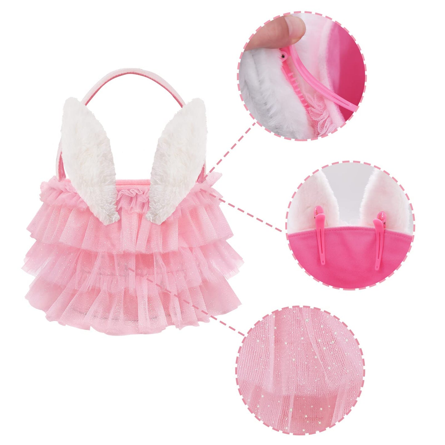 Bunny Chorus Tutu Easter Basket, Pink Ruffled Shining Tulle With Fluffy Bunny Ears, Easter Theme Party Favors Stuffers Gifts For