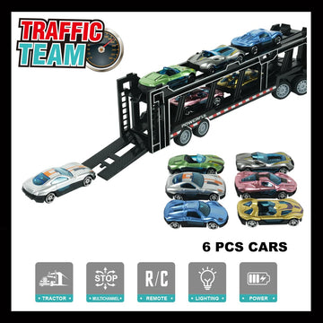 CALEST Remote Control Car Transporter Truck Includes 6 Cars, 14'' 1:48 Car Transporter Semi Truck Toy, Equipped with 2 Rechargea