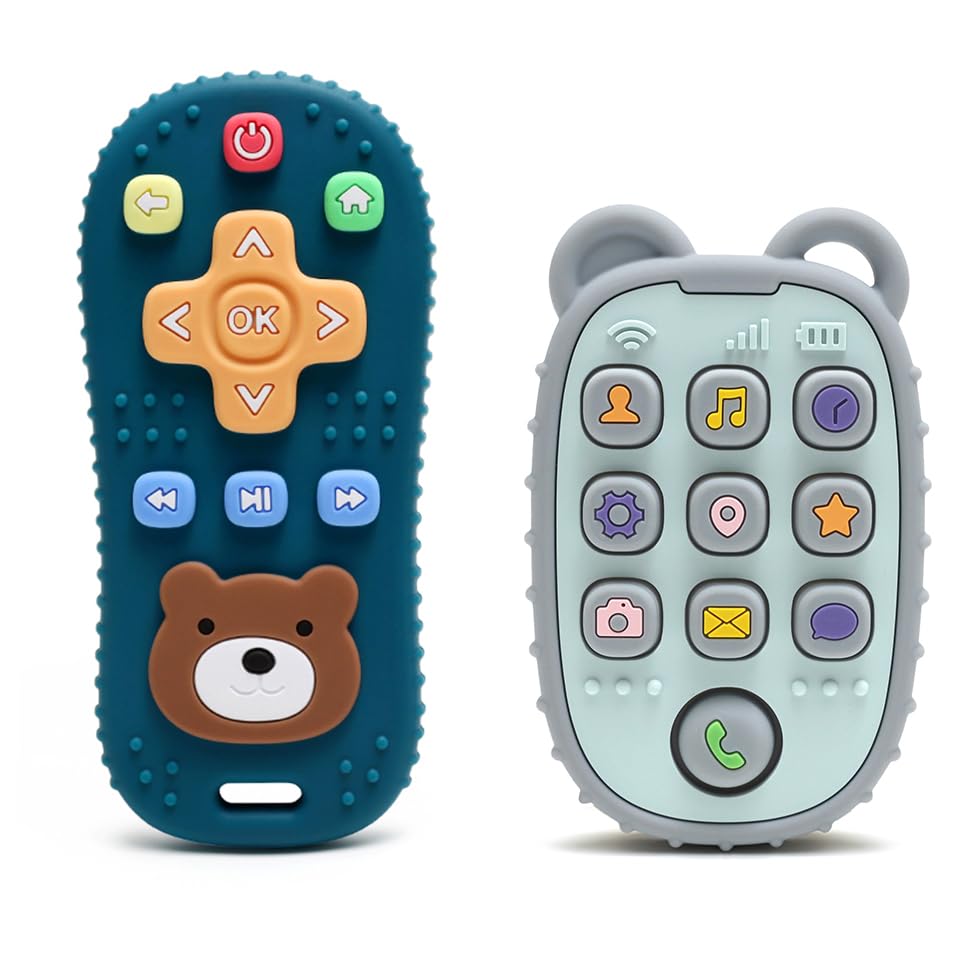 HippoBaby 2-Pack Silicone Teethers - Remote Control & Phone Teething Toys with Popper Buttons  BPA-Free  CPC Certified Baby Essentials for Infants & Toddlers (Remote/Phone - Dark Blue/Grey)