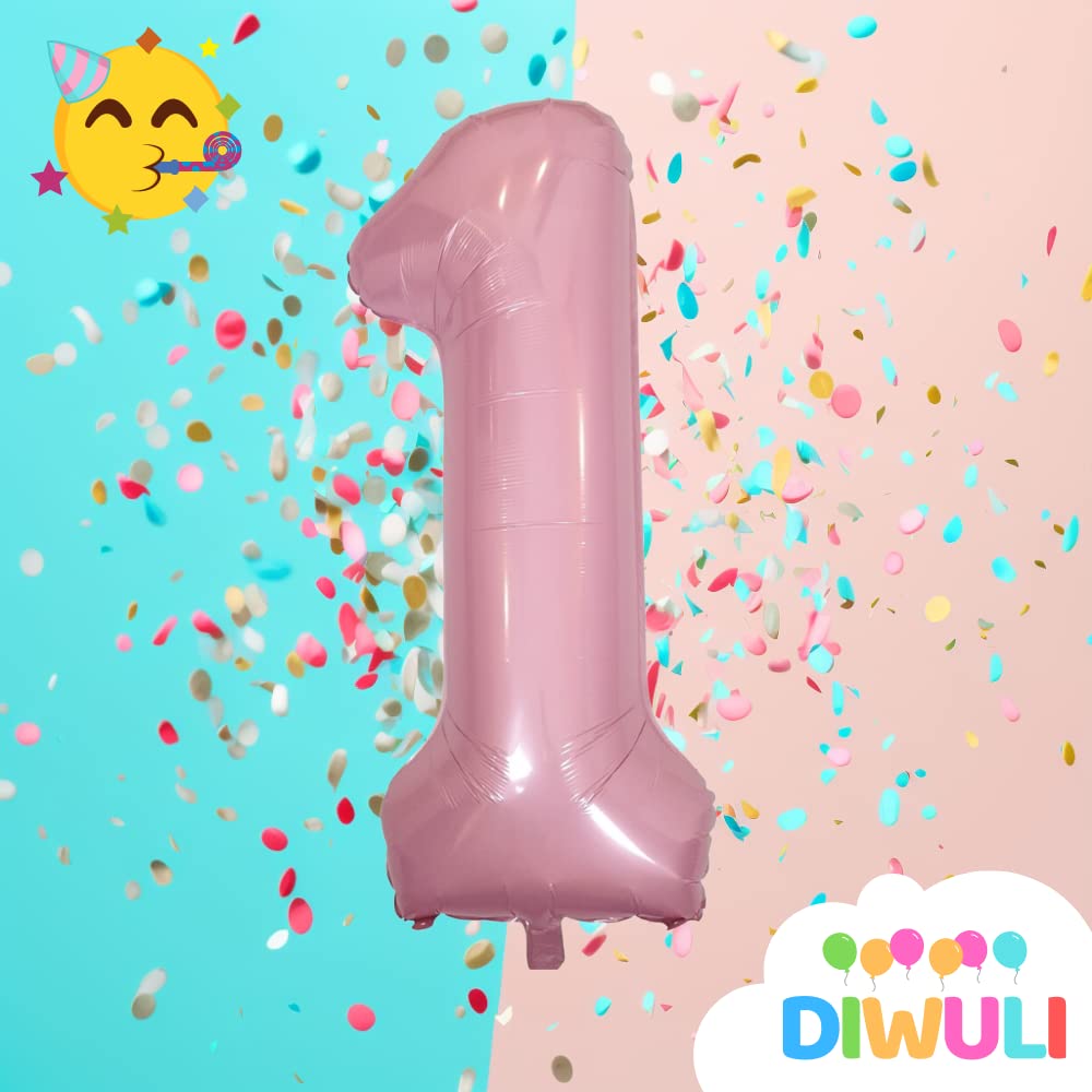 Diwuli Number Balloons 40 Inch Pastel Pink - Large Number 1 Balloon, Big Pink Balloons, Helium 1St Birthday Party Decorations Su