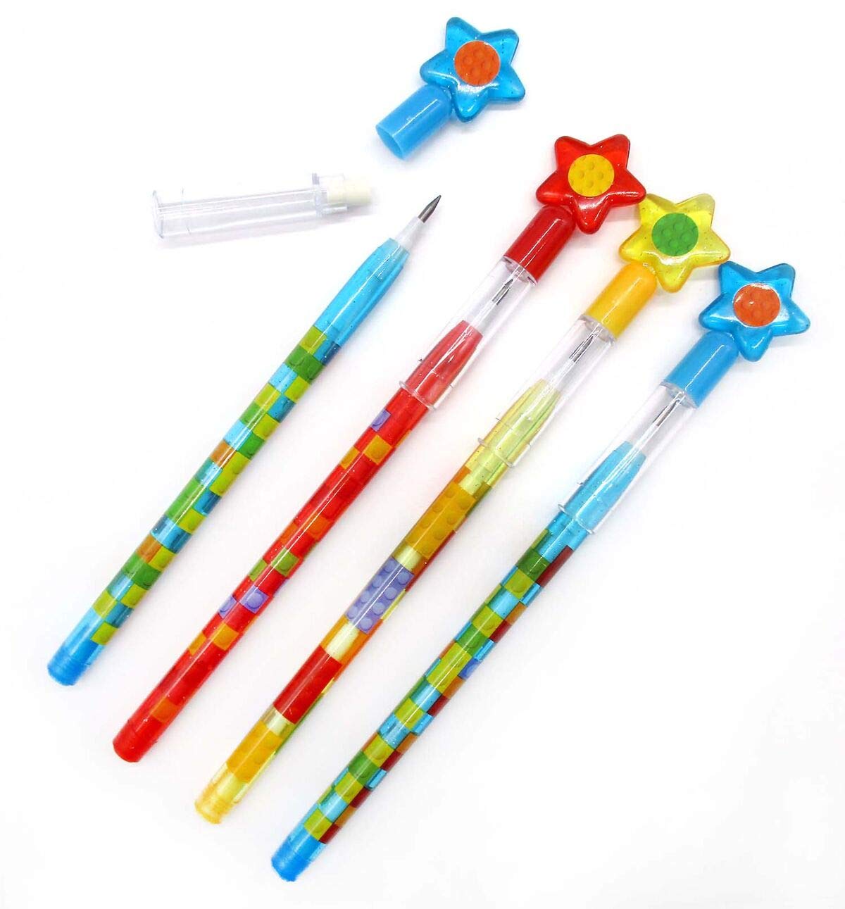 Tiny Mills 24 Pcs Building Blocks Brick Multi Point Stackable Pencil with Eraser for Brick Birthday Party Favor Prize Carnival G