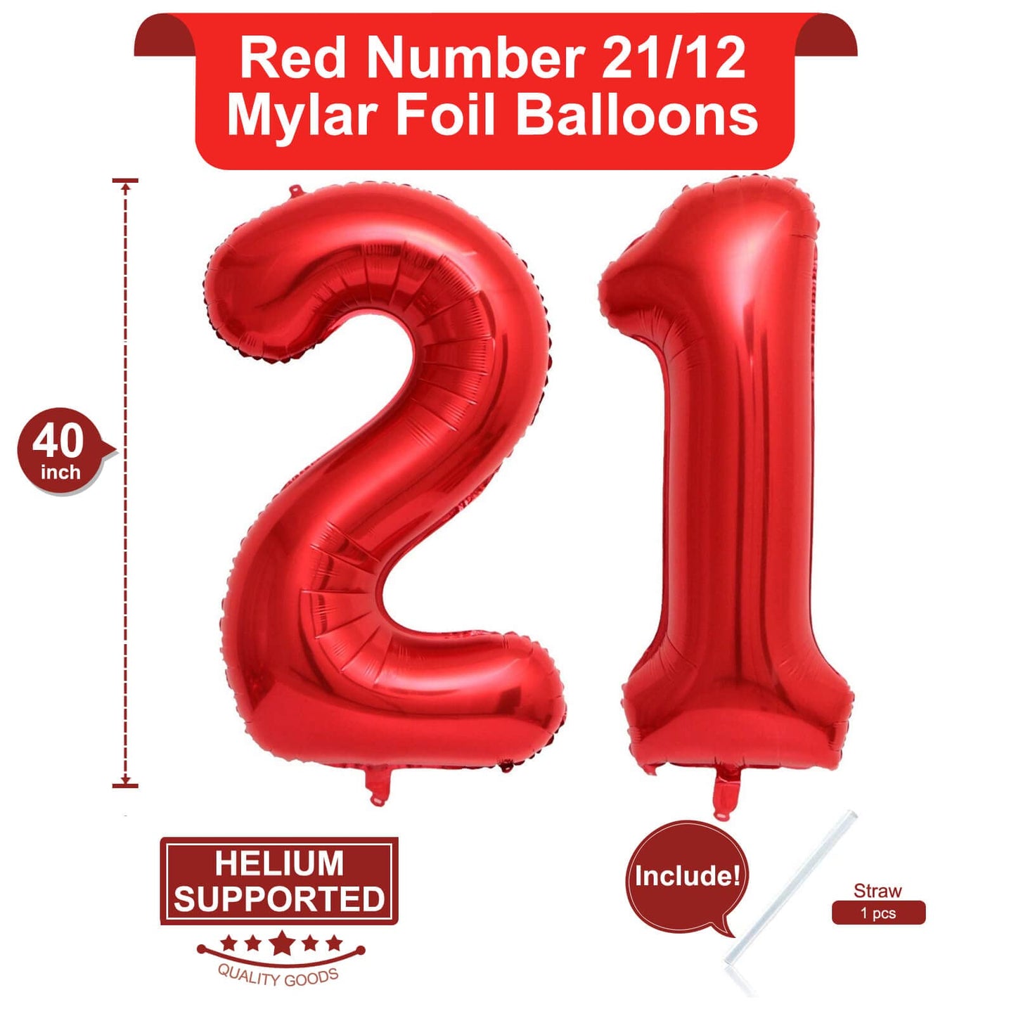 LHOAVWE 40 Inch Red Foil Mylar Number 21 Balloons - Jumbo Aluminum Birthday Party Decorations