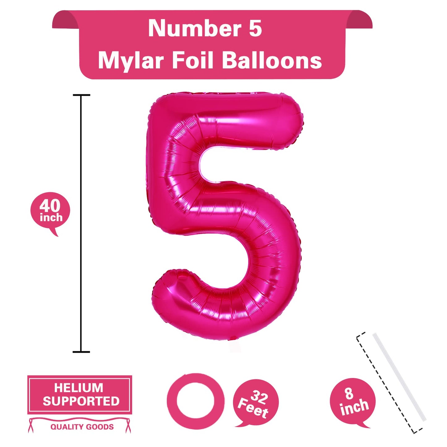 40 Inch Giant Hot Pink Number 5 Balloon, Helium Mylar Foil Number Balloons For Birthday Party, 5Th Birthday Decorations For Kids
