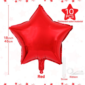 Red Star Balloons 18 Inch, 10 Pcs Red Star Shaped Mylar Helium Foil Metallic Balloon For Birthday Party Decorations Baby Shower