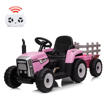 Nasitip 12V Kids Battery Powered Electric Tractor With Trailer, Toddler Ride On Car W/Remote Control/ 7-Led Headlights/ 2+1 Gear
