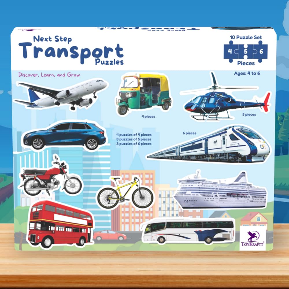 Toykraftt Transport Puzzles For Kids Ages 3-5 Years - 4, 5 & 6 Piece Vehicle Jigsaw Set (Car, Bus & Aeroplane) - Educational Mon
