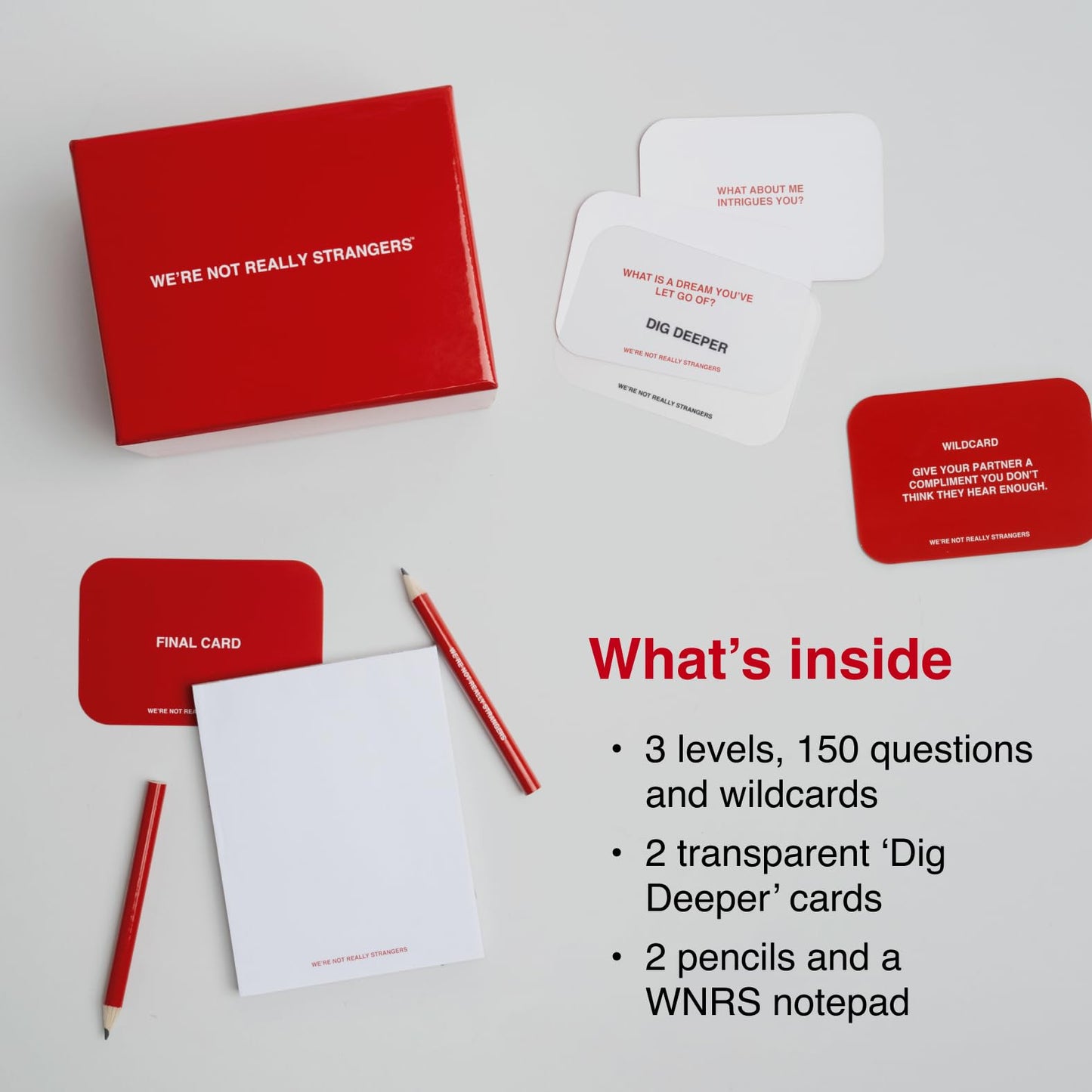 WE'RE NOT REALLY STRANGERS Card Game - 150 Conversation Cards, Medium, Cardstock, Red & White, Model WNRS-001, for 2-6 Players